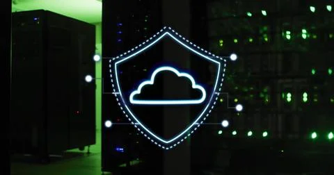 Glowing neon shield emblem with cloud icon hovering over data center with イラスト素材
