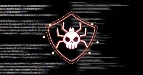 Glowing neon shield emblem pulsing in digital background, showing skull spider, Stock Illustration