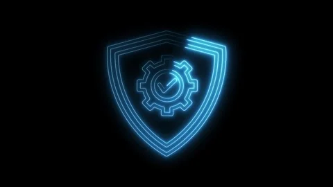 Glowing neon shield with gear and checkmark security system on black backgrou Stock Footage 312317546