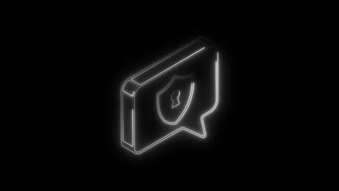 Glowing neon shield inside speech bubble icon isolated on black background .. Video stock 314704489