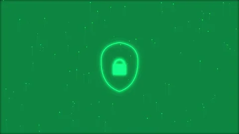 Glowing neon shield lock icon against green background with rising digital .. Stock Footage 342322423