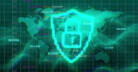 Glowing neon shield with padlock shining on wireframe grid map, with data points Illustrazione stock