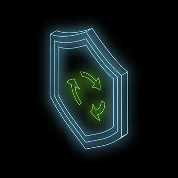 Glowing neon shield with rotating arrows, representing data protection, recov イラスト素材