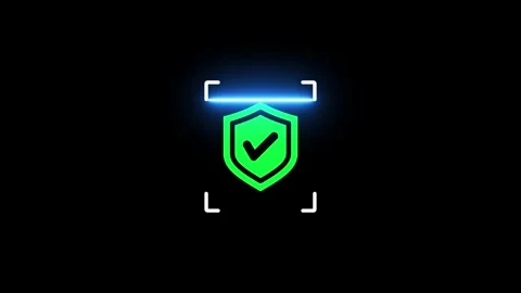 Glowing Neon Shield Security Scan Icon Animation on Black Background Stock Footage 340440037