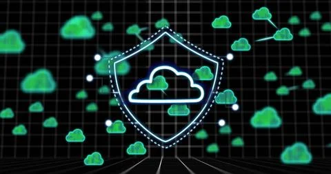 Glowing neon shield showing dotted strokes and cloud icon in black grid, linking イラスト素材