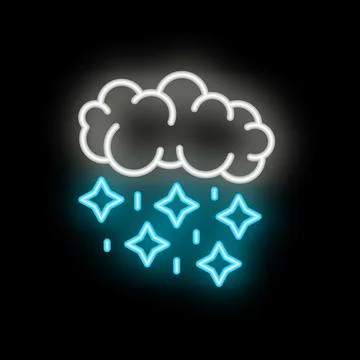 Glowing neon sign of cloud raining stars on black background Stock Illustration
