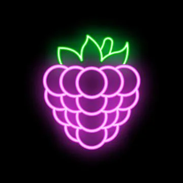 Glowing neon sign depicting a single raspberry on black background Stock Illustration