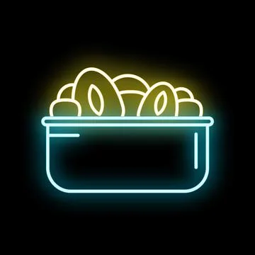 Glowing neon sign displaying fried food in bowl Stock Illustration