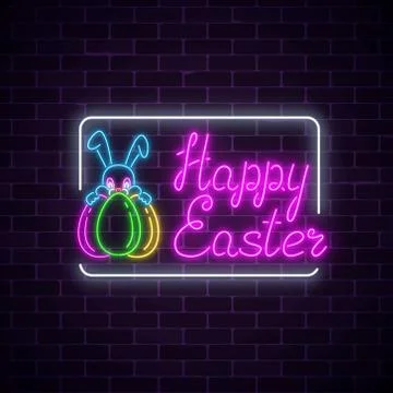 Glowing neon sign of easter bunny with eggs and greeting text on dark brick w Stock Illustration