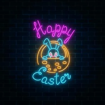 Glowing neon sign of easter bunny in basket with greeting inscription on dark Stock Illustration