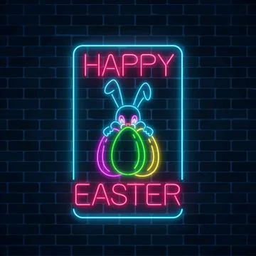 Glowing neon sign of easter bunny with eggs rectangle frame with greeting ins Stock Illustration