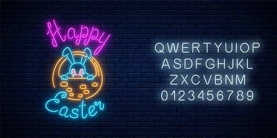 Glowing neon sign of easter bunny in basket with greeting inscription with al Stock Illustration