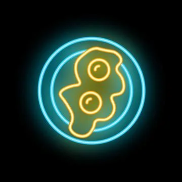Glowing neon sign of fried eggs on a plate on a black background Stock Illustration