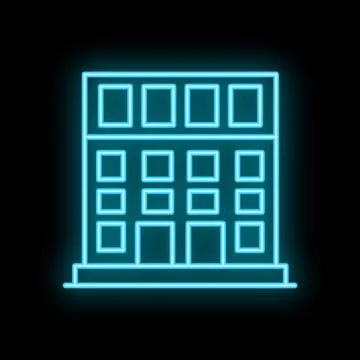 Glowing neon sign of a modern multi storey building with large windows on a.. Ilustración de archivo
