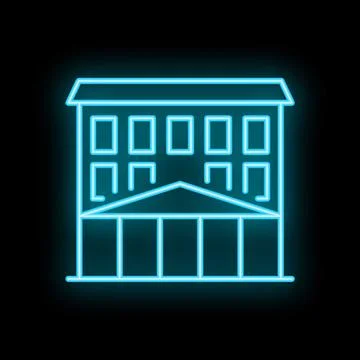Glowing neon sign of a multi storey building on a black background Ilustración de archivo