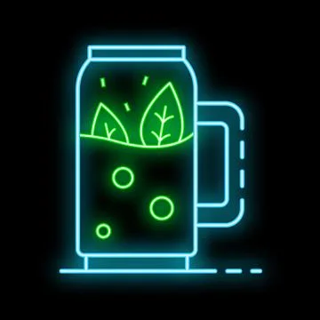 Glowing neon sign of a refreshing iced tea beverage with mint leaves in a gla Stock Illustration
