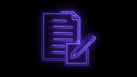 Glowing neon sign showing a document with lines and a pencil for editing Stock Footage 330777878