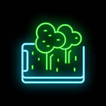 Glowing neon sign of trees growing from smartphone screen on black background Stock Illustration