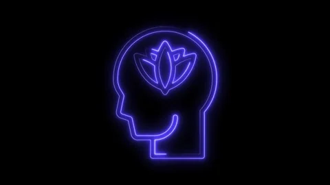 Glowing neon silhouette of human head with lotus flower symbolizing mental .. Stock Footage 314539979