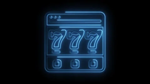 Glowing neon slot machine displaying three sevens on black background for casino Stock Footage 330770573