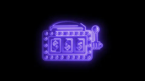 Glowing neon slot machine with dollar symbols on black background for casino Stock Footage 330770802
