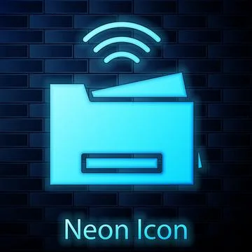 Glowing neon Smart printer system icon isolated on brick wall background. I.. Stock Illustration