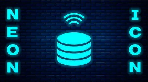 Glowing neon Smart Server, Data, Web Hosting icon isolated on brick wall Illustrazione stock