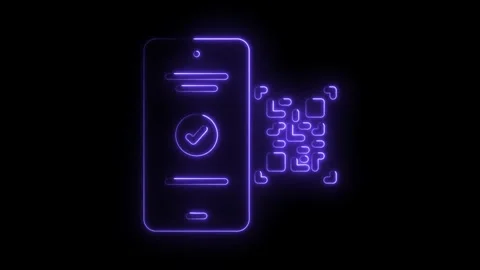 Glowing neon smartphone displaying a checkmark symbol next to a Q R code on.. Stock Footage 314556994