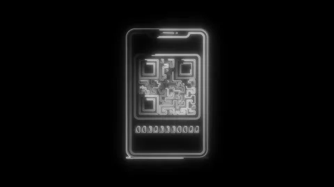 Glowing neon smartphone displaying a complex Q R code symbol with a futuris.. Stock Footage 314709960