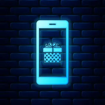 Glowing neon Smartphone with gift box and heart symbol on the screen icon Stock Illustration