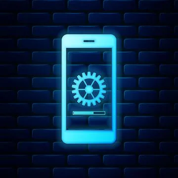Glowing neon Smartphone update process with gearbox progress and loading bar Stock Illustration