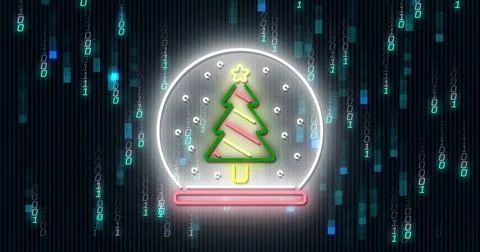 Glowing neon snow globe featuring green Christmas tree with pink ribbons in c Stock Illustration