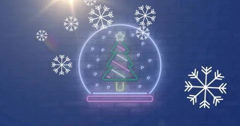 Glowing neon snow globe featuring tree and star on blue brick wall, neon base, Illustrazione stock