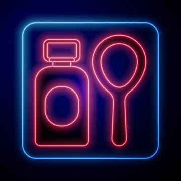 Glowing neon Soap bubbles bottle icon isolated on black background. Blowing Stock Illustration
