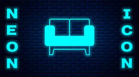 Glowing neon Sofa icon isolated on brick wall background.  Vector Stock Illustration