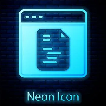 Glowing neon Software, web developer programming code icon isolated on brick Illustrazione stock
