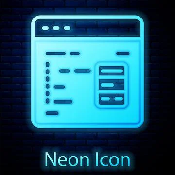Glowing neon Software, web developer programming code icon isolated on brick Stock Illustration