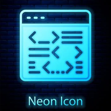 Glowing neon Software, web developer programming code icon isolated on brick Illustrazione stock