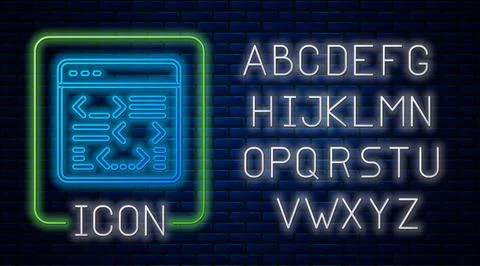 Glowing neon Software, web developer programming code icon isolated on brick Stock Illustration