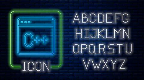 Glowing neon Software, web developer programming code icon isolated on brick Stock Illustration