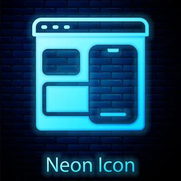 Glowing neon Software, web developer programming code icon isolated on brick Stock Illustration