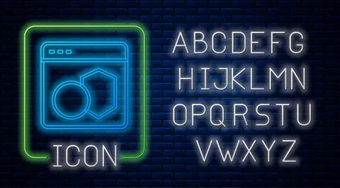 Glowing neon Software, web developer programming code icon isolated on brick Illustrazione stock