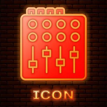 Glowing neon Sound mixer controller icon isolated on brick wall background. D Ilustración de archivo