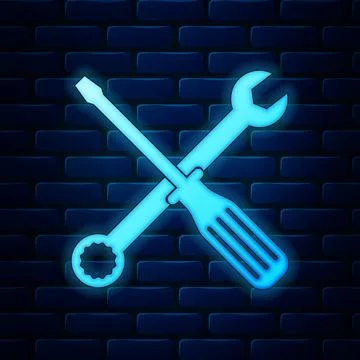 Glowing neon Spanner and screwdriver tools icon isolated on brick wall イラスト素材