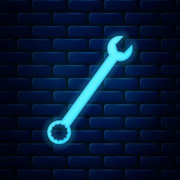 Glowing neon Spanner icon isolated on brick wall background. Vector Illustration Stock Illustration