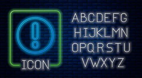 Glowing neon Speech bubble and Exclamation icon isolated on brick wall Stock Illustration