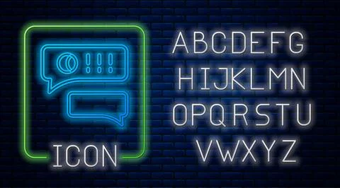 Glowing neon Speech bubble chat about baseball game icon isolated on brick wall Stock Illustration