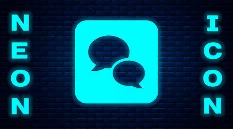 Glowing neon Speech bubble chat icon isolated on brick wall background. Message Illustrazione stock