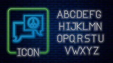 Glowing neon Speech bubble chat icon isolated on brick wall background. Message Stock Illustration