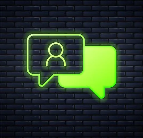 Glowing neon Speech bubble chat icon isolated on brick wall background. Message Illustrazione stock